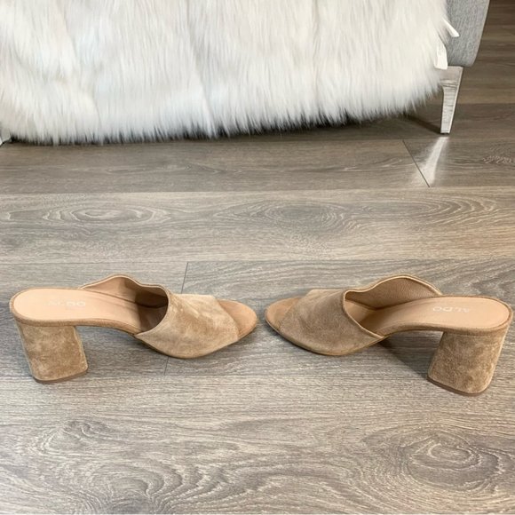 Aldo Suede Aldosina Block Heel Open Toe Mules Tan Size 7.5 - Picture 11 of 16